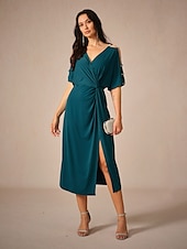 abordables Robe Simple-Femme Robe mi-longue Robe en maille Elégant mode Soirée Rendez-vous Standard Couleur unie Manche Courte Col V Bleu Encre Eté