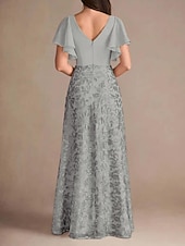 abordables Longueur du plancher-Robe de mère de la mariée trapèze élégante vintage simple col en V longueur au sol en mousseline de soie à volants manches courtes avec dentelle florale paillettes 2025