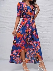 preiswerte Blumenkleider-Damen Midikleid Corsagenkleider A Linie Kleid Figurbetontes Kleid Urlaub Ausgestellter Ärmel Urlaub Täglich Strand Regular Fit Graphic Kurzarm V Ausschnitt Blau Grün Sommer