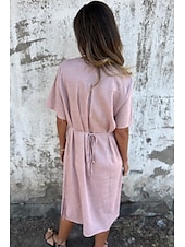 economico Abiti casual bianchi-Per donna Abito Midi Abito in cotone e lino Moda Essenziale Quotidiano Uscire Spiaggia Vestibilità regolare Fiore Manica Corta Scollo a V Bianco Giallo Rosa Vino Estate