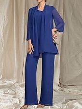 preiswerte Bodenlänge-Jumpsuit  Hosenanzug 3-teilig Kleid der Mutter der Braut Hochzeitsgast Elegantes gewelltes Dekolleté bodenlang Chiffon 3/4-lange Ärmel mit Perlen