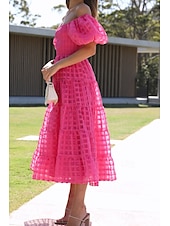cheap Vacation Dresses-Women&#039;s Midi Dress Graduation Dress Fashion Modern Lantern Sleeve Vacation Graduation Weekend Regular Fit Plain Short Sleeve Off Shoulder Black White Yellow Pink Summer