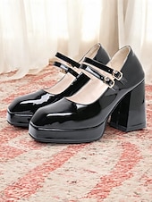cheap 1980s-Women&#039;s 1980s Retro Double Strap Mary Jane Heels – Green Patent Leather Block Heel Platform Shoes for Vintage-Inspired Fashion, Parties, and Casual Wear