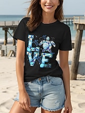 cheap Hawaiian tee-Women&#039;s T Shirt Cotton Shirt Graphic Animal Ocean Casual Short Sleeve Round Neck Regular Tops Daily Print Black Green Summer