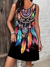 cheap Boho Dress-Women&#039;s Mini Dress A Line Dress Summer Dress Vacation Casual Daily Regular Fit Graphic Tribal Sleeveless Crew Neck Black Summer