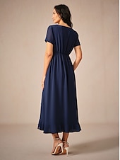 preiswerte abendkleider-Damen Maxidress A Linie Kleid Elegant Ausgefallene Hochzeit kleid hochzeitsgast Lockere Passform Feste Farbe Kurzarm Asymmetrisch V Ausschnitt Marineblau Sommer Frühling
