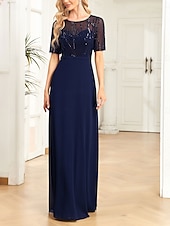abordables Moins de 129,99 $-Robe pour mère de la mariée élégante robe de soirée décolleté rond longueur sol en chiffon spandex à manches courtes avec sequins