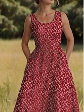 abordables Art &amp; Design Robes-Femmes Robe Midi Robe d&#039;Été Robe trapèze Robe à épaules dénudées Vacances Occasionnel Boho Extérieur Soirée Sortir Coupe régulière Graphique À pois Sans manches Col en U Vin Été