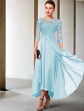 billiga Golvlängd-A-Linje Mor till Bruden Klänning Bröllopsgäst Elegant Plus Size Hög Låg Juvelhals Asymmetrisk Te-Längd Chiffong Spets Halvärmd med Rynkade Applikationer gratis skräddarsydd storlek