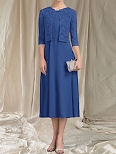 abordables Longueur du thé-Robe Mère de la Mariée A-Line Deux Pièces Invité de Mariage Élégante Col Arrondi Longueur Thé Chiffon Dentelle Manches 3/4 avec Robe Midi Ruchée en Dentelle 2025