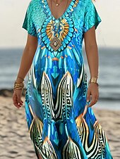 billige Boho-kjoler-Dame Maxikjole Solkjole Kjole med A-linje Sommerkjole Ferie Fritid Daglig Normal Grafisk Stamme Kortermet V-hals Blå Sommer