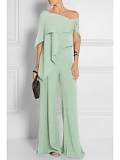 abordables Combinaisons pour maman-Combinaisons invitée de mariage élégante robe de mariage formelle fête longueur du sol manches courtes épaules dénudées automne invité de mariage chiffon avec volants 2025 taille sur mesure gratuite