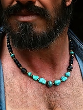 abordables Bijoux pour hommes-Collier de perles en pierre naturelle fait main pour homme – ras du cou style bohème vintage turquoise et agate noire, bijoux tribaux pour la plage, les voyages et les tenues décontractées