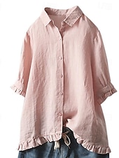 economico Camicie-Per donna Camicia Blusa Camicie di cotone e lino Semplice Essenziale Moderno Manica Corta Colletto a Camicia Top Regolari Quotidiano Ferie Uscire Bottoni Bianco Giallo Rosa Blu marino Azzurro Estate
