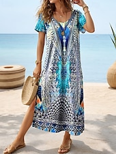 billige Boho-kjoler-Dame Midikjole Solkjole Kjole med A-linje Ferie Fritid Bohem Sommerfugl Feriereise Strand Normal Nyanse Grafisk Paisly Kortermet Crewneck Blå Sommer