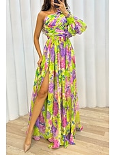 cheap Elegant Floral Dresses-Women&#039;s Long Dress Maxi Dress Prom Dress Party Dress Print Dress Elegant Fashion Party Special Occasion Regular Fit Flower Long Sleeve One Shoulder Yellow Purple Green Summer