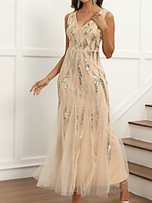 preiswerte Unter 129,99 $-Kleid Brautmutterkleid Elegant Party V Ausschnitt Knöchellänge Polyester Ärmellos mit Paillette 2025