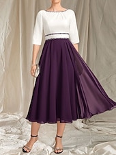 preiswerte Teelänge-A-Linie Brautmutterkleid Hochzeitsgast Elegantes Rundhals Tee-Länge Chiffon Satin Halbarm mit Perlen Raffung Midi Kleid 2025
