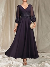 abordables Longueur du thé-Robe Mère de la Mariée A-Line Invité de Mariage Élégante Col en V Mi-Longue en Chiffon À Manches Longues avec Perles Appliques Robe Midi 2025