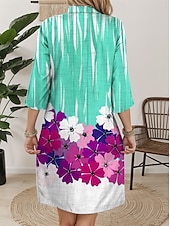 economico Arte &amp; Design Abiti-Abito Mini Donna Abito Shift Abito Estivo Stile Casual Flower Graphical Lino Simile Manica 3/4 Scollo a V Verde Estate Primavera