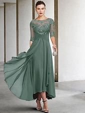 voordelige Vloerlengte-A-Lijn Moeder van de Bruid Jurk Bruidsgast Elegant Plus Size Hoog Laag V-Hals Asymmetrisch Enkel Lengte Chiffon Kant Halve Mouw met Beading Applicaties gratis maatwerk