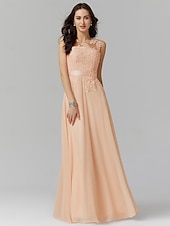 preiswerte Ballkleid-A-Linien Abendkleid elegantes Kleid Hochzeitsgast Abiball bodenlang ärmellos Illusionshals Brautjungfernkleid Georgette mit Applikationen