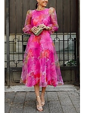 abordables Robes fleuries décontractées-Femmes Robe Midi Robe Fleurie Robe Imprimée Mode Classique Moderne Manches bouffantes Vacances Sortir Week-end Coupe régulière Fleur manche longue Col ras du cou Bleu Rose rouge Été