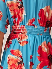 abordables Robes fleuries élégantes-robe midi élégante à fleurs bleues et col en V pour l&#039;été