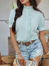 voordelige Dames eenvoudige tops-Dames Overhemd Gestreept Stijlvol Casual Korte mouw Overhemdkraag Normale tops Dagelijks Ruche Knop Afdrukken Wit Blozend Roze blauw Groen Zomer