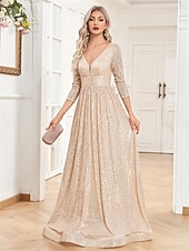 billiga Aftonklänningar-A-linjade Quinceanera Klänningar Elegant Klänning Bröllop Bröllop Gäst Golvlång 3/4 Lång Ärm V-hals Bomull med Strass