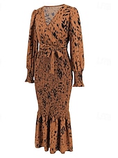 preiswerte abendkleider-Damen Midikleid Cocktailkleid Etui-Kleid Mode Urlaub Ferien Teegesellschaft Normale Passform Leopard Langarm V Ausschnitt Schwarz Khaki Aprikose Sommer