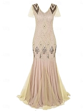 abordables Moins de 129,99 $-Robe Robe de Mère de Mariée  Élégant ancien Fête Col en V Longueur au sol Polyester Manche Courte avec Paillettes 2025