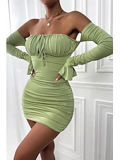 cheap White Graduation Dresses-Women&#039;s Mini Dress White Dress Graduation Dress Bodycon Elegant Fashion Birthday Graduation Date Regular Fit Plain Long Sleeve Off Shoulder Black White Light Green Wine Summer