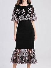 abordables Longueur du thé-Robe Mère de la Mariée Élégante Fête Col Arrondi Longueur Sol Cotonnage Manches Courtes avec Broderie Robe Midi 2025