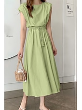 economico disegnare abiti in cotone e lino-Per donna Abito Midi Abiti in cotone e lino Moda Classico Moderno All&#039;aperto Quotidiano Ferie Vestibilità regolare Semplice Senza Maniche Girocollo Nero Verde chiaro Verde militare Blu marino Estate
