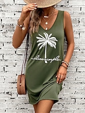 ieftine rochii hawaiene-Pentru femei Rochie Mini Rochie A line Rochie de vară Rochie cu umeri Vacanță Casual Potrivire Largă Grafic Scrisă Fără manșon În U Verde salvie Vară