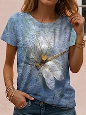 cheap Animals tee-Women&#039;s T Shirt Floral Animal Casual Short Sleeve Round Neck Regular Tops Daily Going out Weekend Print Blue Green Summer