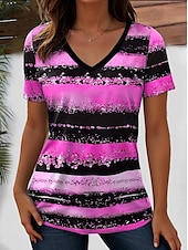 billige Stripe og geometrisk t-skjorte-Dame T skjorte hav Stripet Fritid Kortermet V-hals Vanlige topper Daglig Ut på byen Helg Trykt mønster Gul Rosa Blå Lilla Oransje Sommer