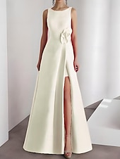 cheap RED-A-Line Evening Gown Elegant Dress Formal Wedding Floor Length Sleeveless Crew Neck Satin with Slit 3D Flower