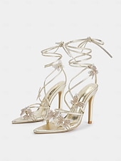 Χαμηλού Κόστους Σανδάλια με τακούνι-Γυναικεία πέδιλα στιλέτο με κορδόνια πεταλούδα – ψηλοτάκουνα στρας για πάρτι και χορό