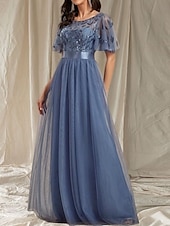 cheap Wedding Guest Dresses-A-Line Wedding Guest Dresses Elegant Dress Wedding Guest Floor Length Short Sleeve Crew Neck Fall Wedding Guest Lace with Glitter Sequin