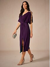 abordables Robe de cocktail-Femmes Longueur du thé Robe Tricot Élégant Soirée Date Coupe régulière Couleur Unie Manche Courte Col en V Aubergine Été
