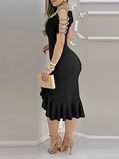 abordables Robes moulantes de soirée-Femmes Robe Midi Moulant Élégant Formel Date Coupe régulière Couleur Unie Manche Courte Col en U Noir Rouge Bleu Fuchsia Été