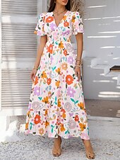 levne Umění a design šaty-Dámské maxi šaty A-line šaty vypasované a rozšířené šaty šaty s nadýchanými rukávy volnočasové dovolená denní běžné střih květinové krátký rukáv V výstřih bílé růžové fialové oranžové léto