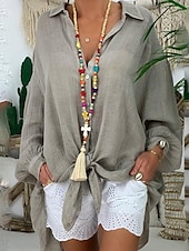economico Camicie-Per donna Camicia Camicie di cotone e lino Abbottonare Blusa Semplice Essenziale Moderno Casual Manica Lunga Colletto a Camicia Top lunghi Quotidiano Ferie Uscire Bottoni Nero Bianco Blu Viola Grigio