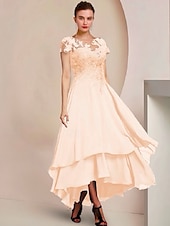 economico Lunghezza del pavimento-Abito A-line Madre della Sposa Abito Ospite di Matrimonio Formale Elegante Alto-Basso Collo a Barchetta Asimmetrico Lunghezza Tea Chiffon Pizzo Manica Corto con Applicazioni in Paillettes 2025 taglia