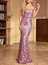 billige Aftenkjoler-Fisketail  Trompet Quinceañera Kjoler Elegant Kjole Bryllup Bryllupsgjester Gulvlengde Ermeløs V-Hals Polyester med Pynt