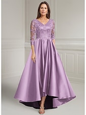 cheap Floor Length-Purple A-Line Mother of the Bride Dress Elegant Vintage V Neck Asymmetrical Satin Long Sleeve with Lace Appliques Solid Color