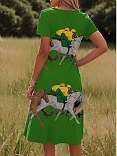 tanie sukienka Kentucky-Sukienka Mini Kentucky Derby Damska Sukienka A Linie Sukienka T-Shirt Sukienka Tee Letnia Sukienka Casual Wakacyjna Codzienna Data Regular Fit Graficzny Zwierzę Krótki Rękaw V Dekolt Zielona Lato