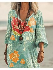 preiswerte Blumenkleider-Frauen Maxi Kleid Strandkleid A-Linie Kleid Urlaub Lässig Strand Outdoor Urlaub Alltag Reguläre Passform Floral Grafik Lange Ärmel V-Ausschnitt Hellgrün Sommer Frühling